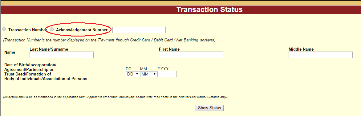 PAN Card Failed Transaction Status by Acknowledgement Number Name and Date of Birth