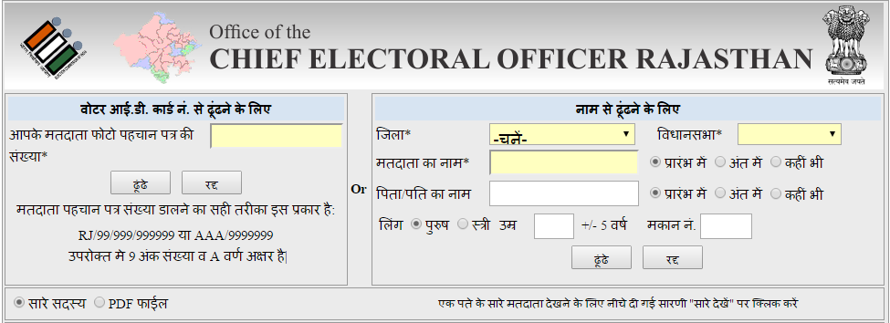 Search your Name in Electoral Roll of Rajasthan by EPIC No or District & Assembly Constituency