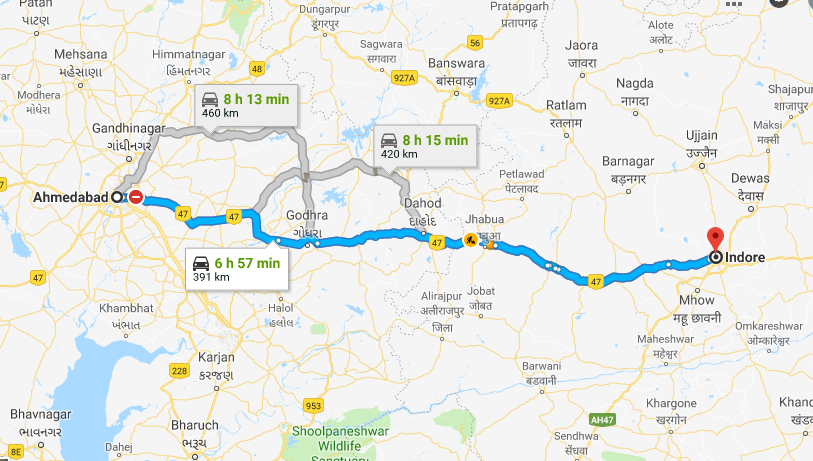 Road Route from Ahmedabad to Indore via Godhra