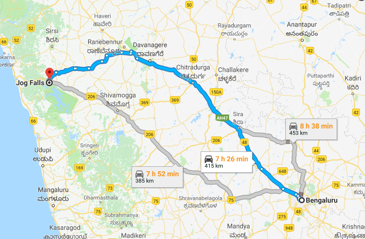 Best Road Route from Bangalore to Jog Falls via Dabaspete