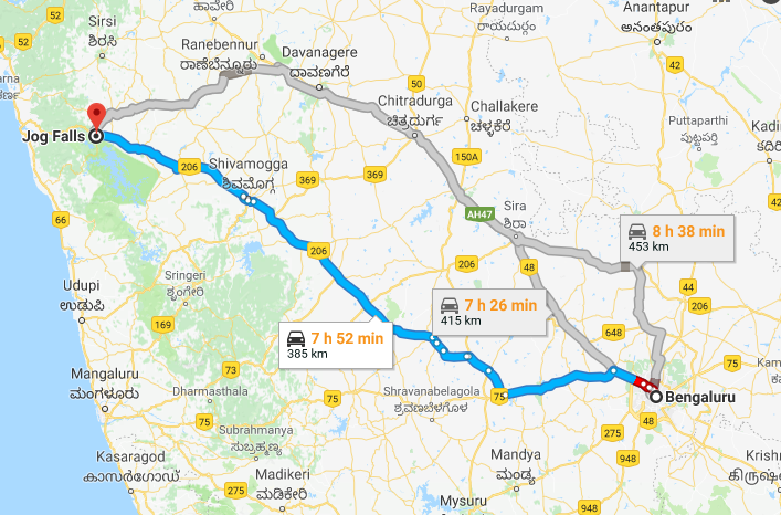 Best Road Route from Bangalore to Jog Falls via Shivamogga