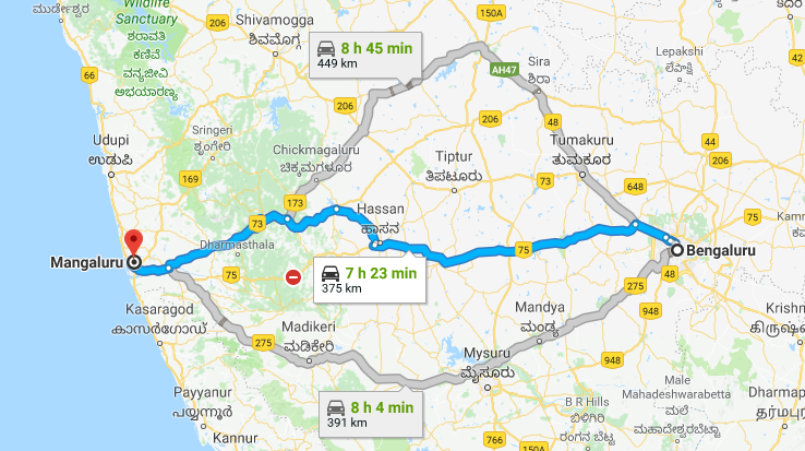 Best Road Route from Bangalore to Mangalore via Hassan