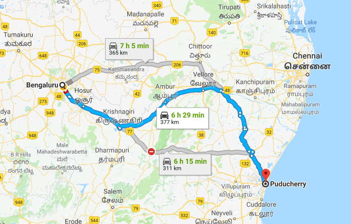 Best Road Route from Bangalore to Pondicherry via Vellore