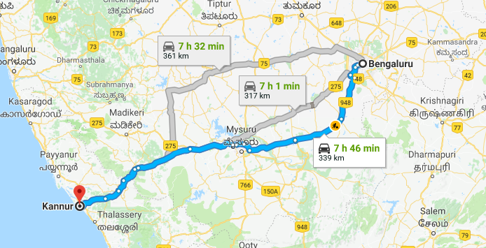 Best Road Route from Bangalore to Kannur via Kanakapura