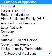 Category for New PAN Card Application
