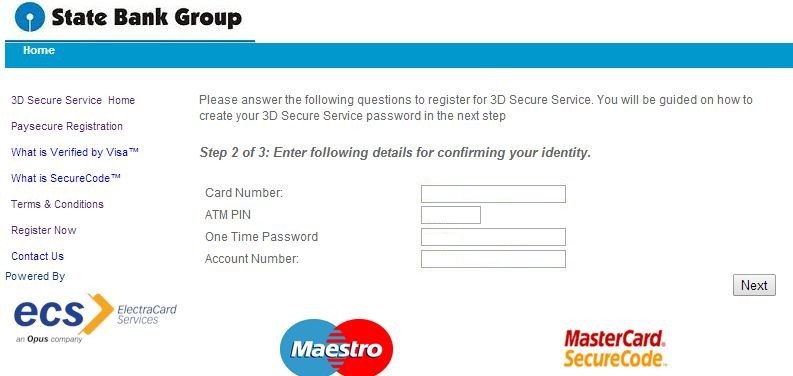 SBI 3D Secure Entering ATM PIN OTP Account Number