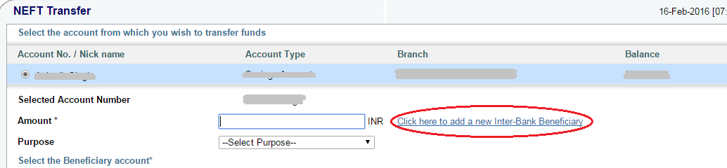 Adding a new Intra Bank Beneficiary in SBI Online