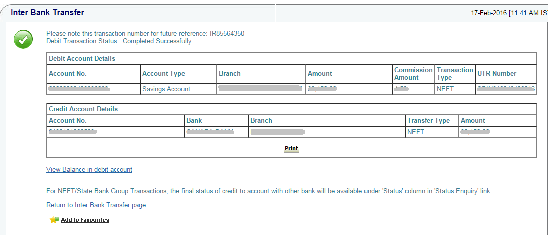 Inter Bank Transaction Receipt in SBI Online