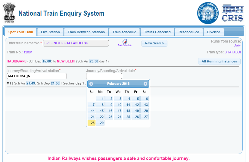 Select the Date for Current Location of Train