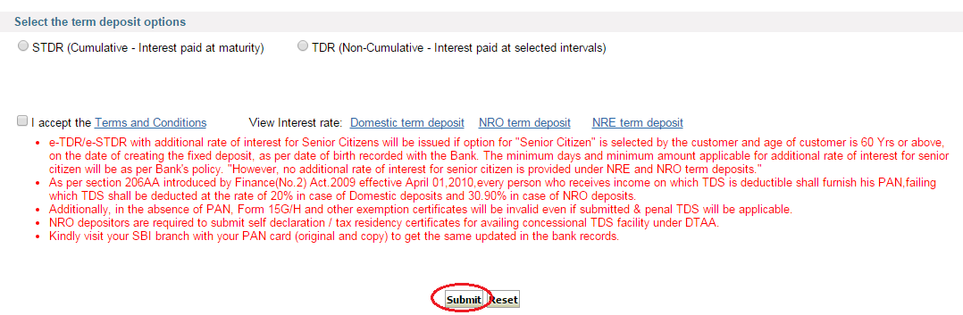 Selecting the Fixed Deposit in SBI Online