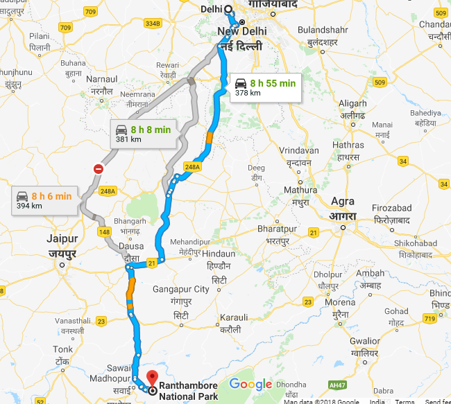 Road Route from Delhi to Ranthambore via Sohna