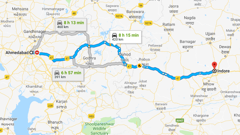 Road Route from Ahmedabad to Indore Via Santrampur