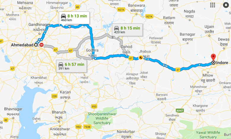 Road Route from Ahmedabad to Indore via Gandhinagar