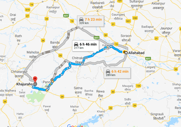 Road Route from Allahabad to Khajuraho via Chitrakoot and Karari