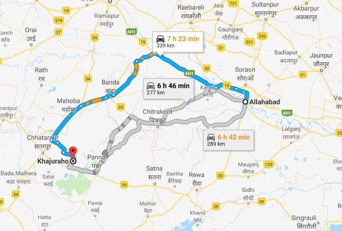 Road Route from Allahabad to Khajuraho via Karari and Banda