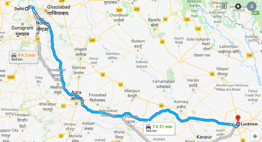 Road Route from Delhi to Lucknow via Expressway