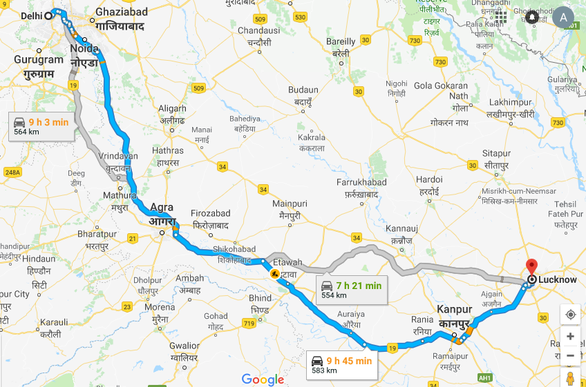 Road Route from Delhi to Lucknow via Kanpur