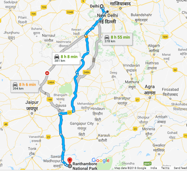 Road Route from Delhi to Ranthambore via Alwar