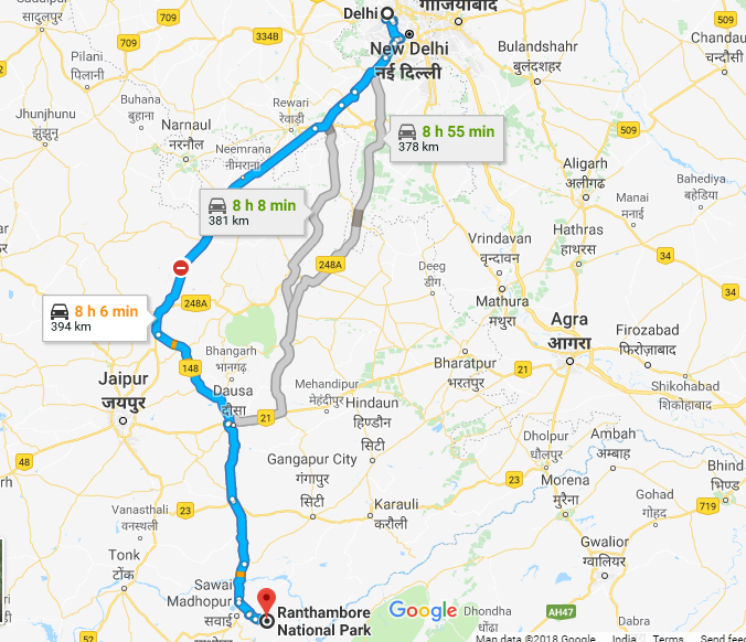 Road Route from Delhi to Ranthambore via Jaipur