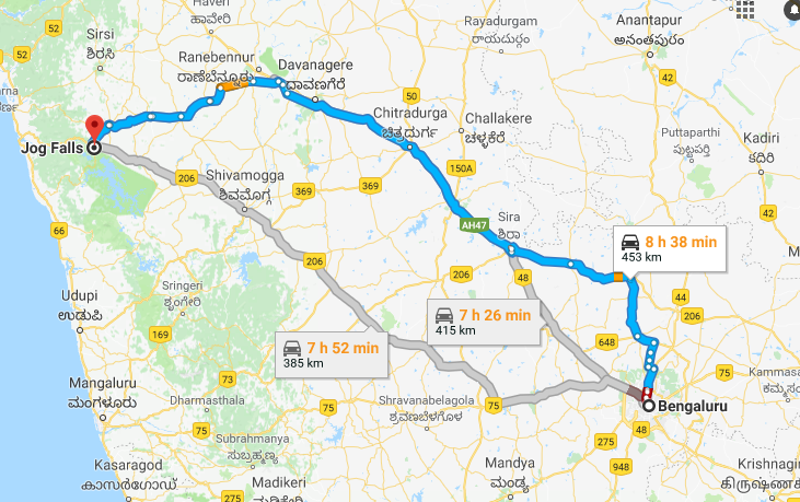Best Road Route from Bangalore to Jog Falls via Madhugiri
