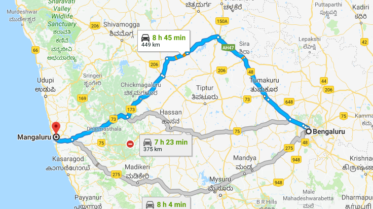 Best Road Route from Bangalore to Mangalore via Chickmagaluru