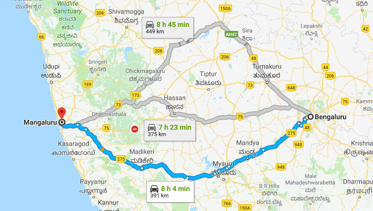 Best Road Route from Bangalore to Mangalore via Mysore