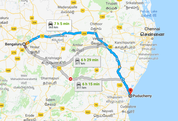 Best Road Route from Bangalore to Pondicherry via Chittoor