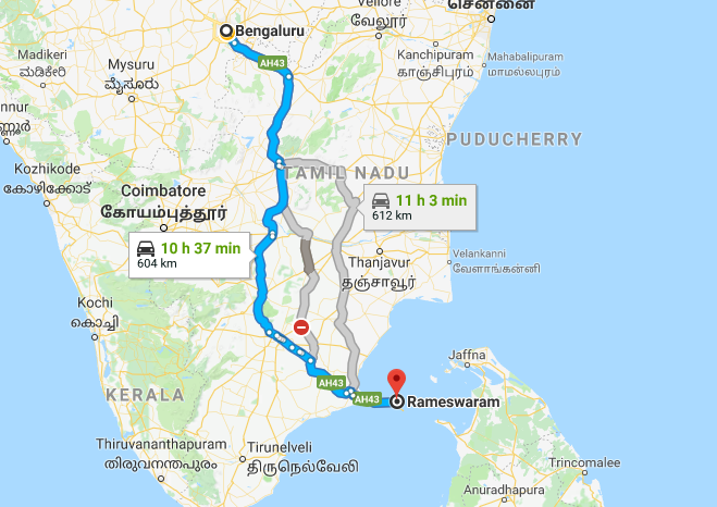 Best Road Route from Bangalore to Rameshwaram via Dingigul
