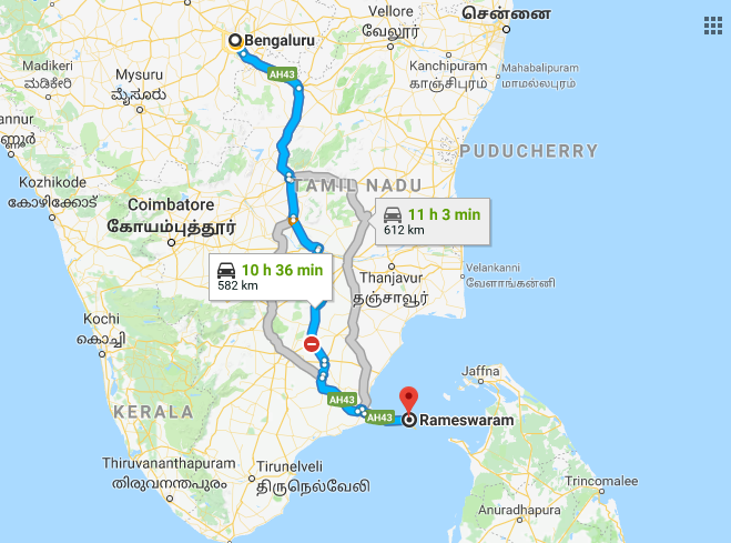 Best Road Route from Bangalore to Rameshwaram via Mannaparai