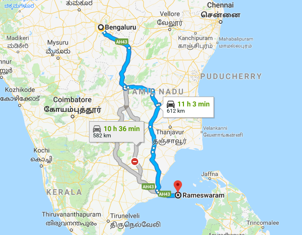 Best Road Route from Bangalore to Rameshwaram via Thalaivasal