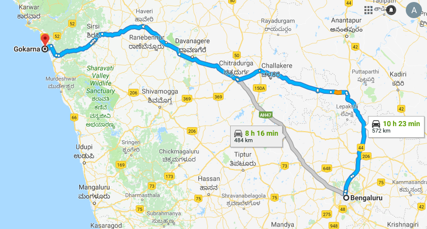 Best Road Route from Bangalore to Gokarna via Challakere