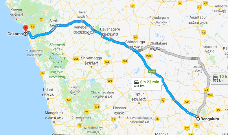 Best Road Route from Bangalore to Gokarna via Tumakuru