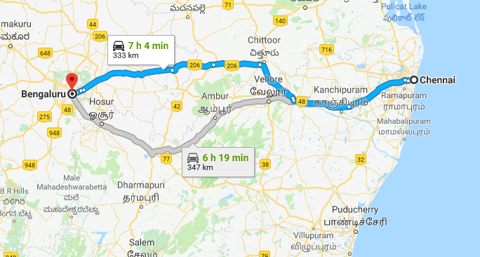 Best Road Route from Chennai to Bangalore via Kolar